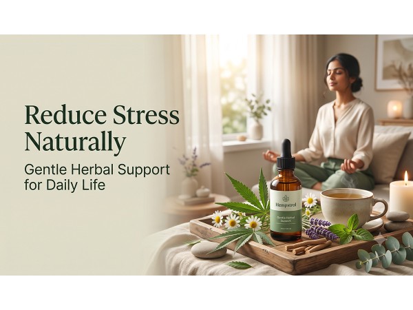 Hempstrol herbal oil with calming tea and meditation for natural stress relief
