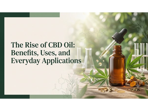 CBD oil bottle with hemp leaves illustrating benefits, uses, and everyday wellness