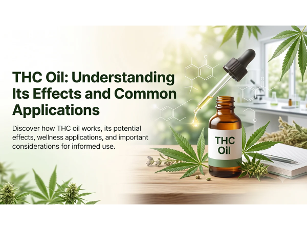 THC oil bottle and cannabis leaves representing the benefits, effects, and medical applications of THC oil.