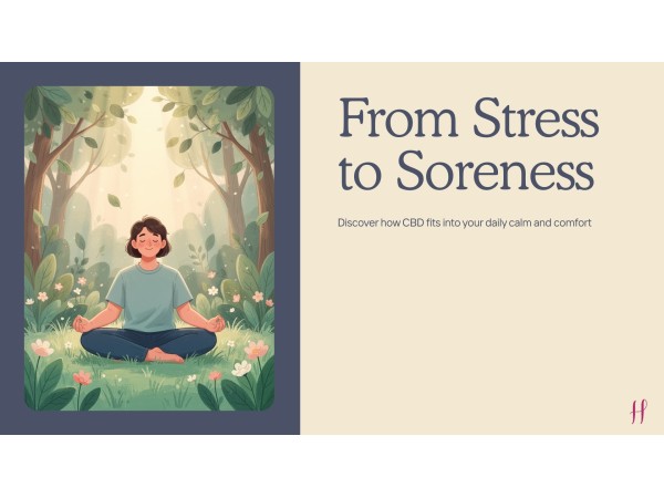 Stress to Soreness with meditating figure and message about CBD for daily calm and comfort.