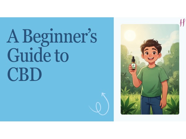 A Beginner's Guide to CBD cover slide with cheerful illustrated person holding a CBD bottle outdoors.
