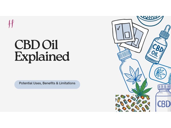 CBD Oil Explained with line art of bottles and leaves.