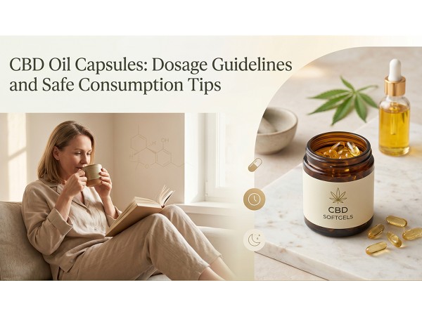 A woman relaxing with a book and mug next to a split screen showing a jar of CBD softgels and a tincture bottle.