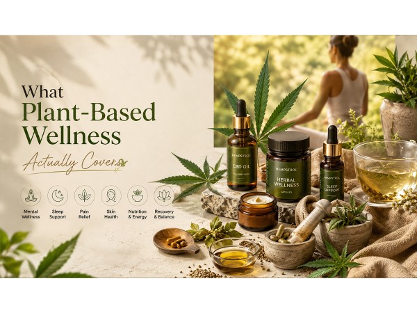 Hemp oil bottles, herbal capsules, and a mortar on a table, with icons for wellness benefits.