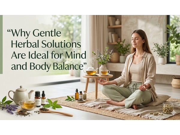 Woman meditating on a rug near herbal tea and oils, about herbal wellness solutions.