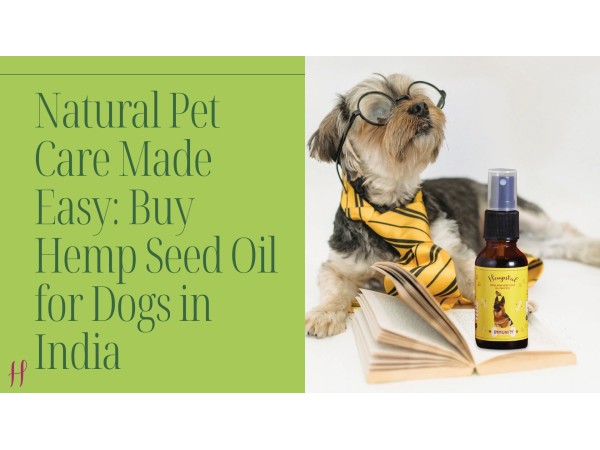 A dog wearing glasses and a tie beside a bottle of hemp seed oil for pets