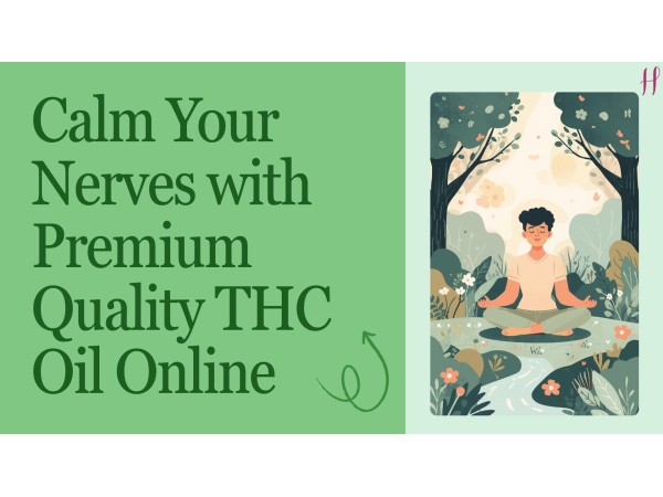 Person meditating in a peaceful nature setting, representing calm nerves and relaxation with premium THC oil.