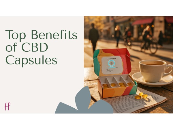 CBD capsule box with softgels on table beside coffee in outdoor cafe setting