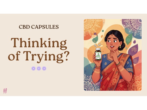 Illustration of woman in saree holding CBD bottle, promoting CBD capsules for beginners.