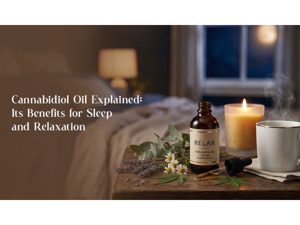 A CBD oil bottle on a nightstand next to a candle, steaming mug, and lavender blossoms in a cozy bedroom setting.