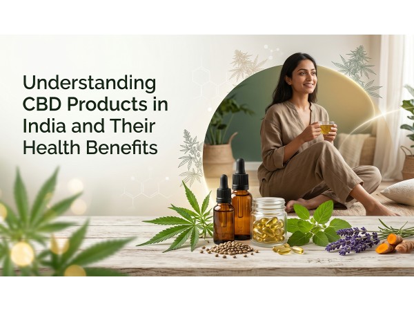 A smiling woman holding a cup, with CBD oils, capsules, hemp leaves, and lavender displayed on a wooden surface.